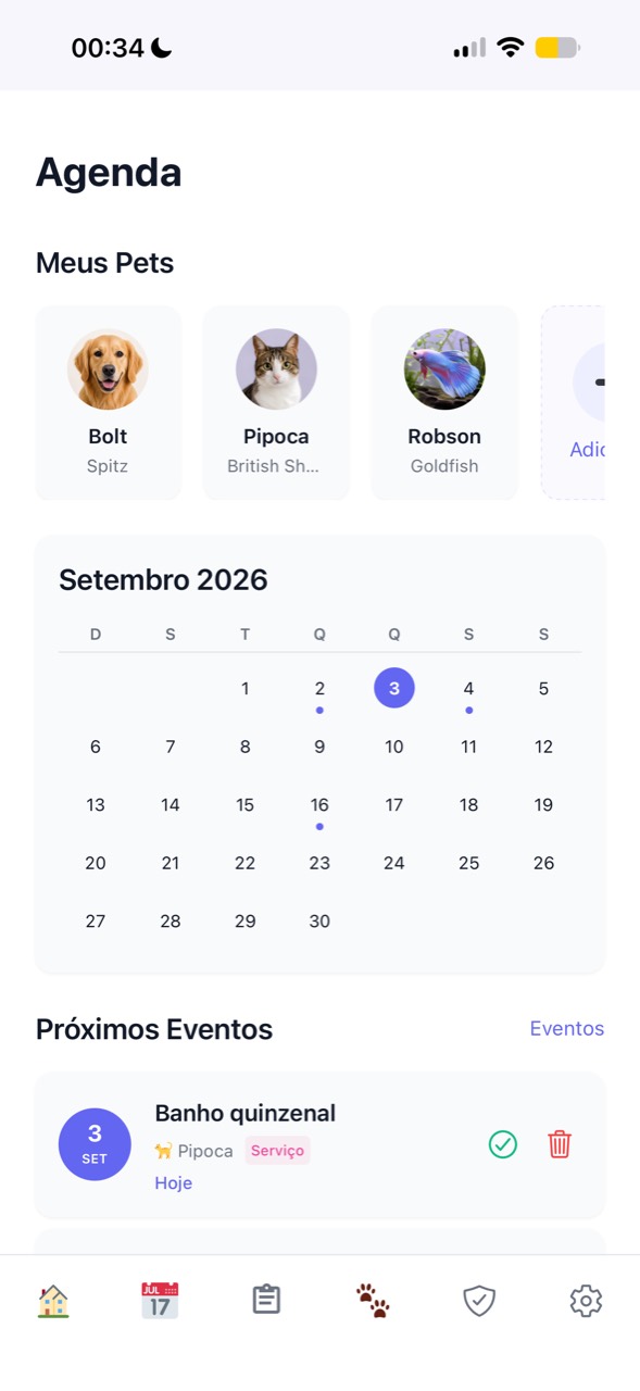 Agenda mensal do Flock com pets e próximos eventos