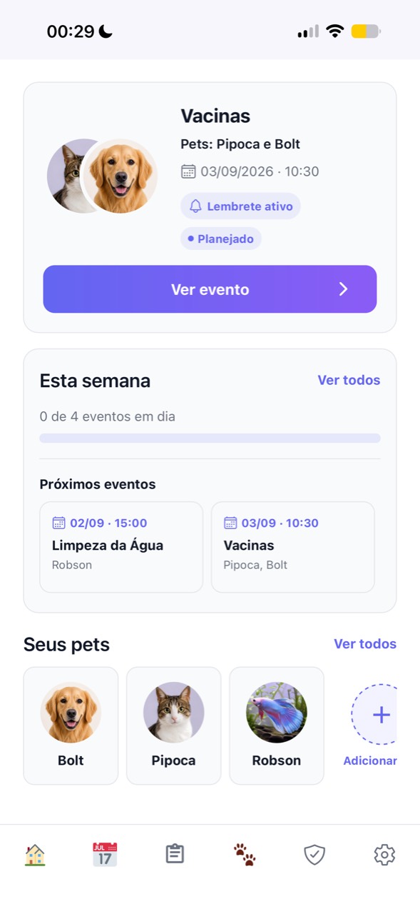 Tela inicial do Flock com próximos eventos e pets