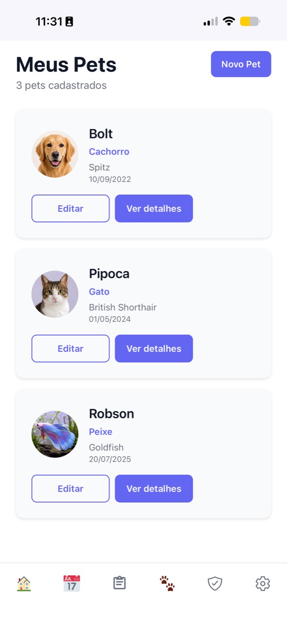 Lista de pets cadastrados no aplicativo Flock
