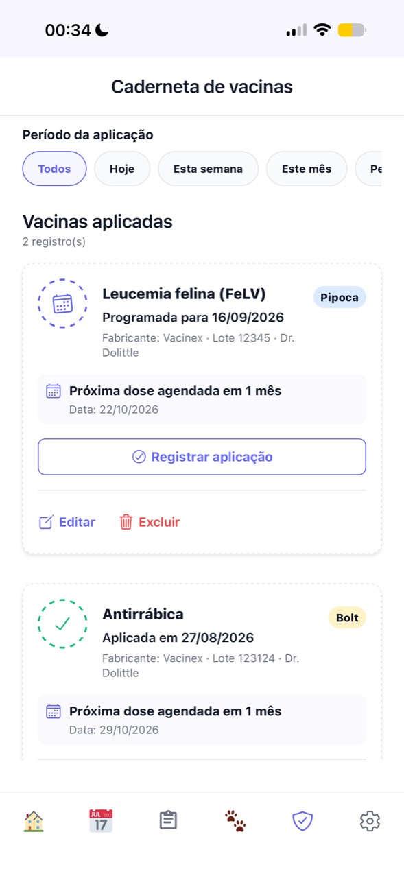 Caderneta de vacinas do Flock com aplicações programadas e registradas